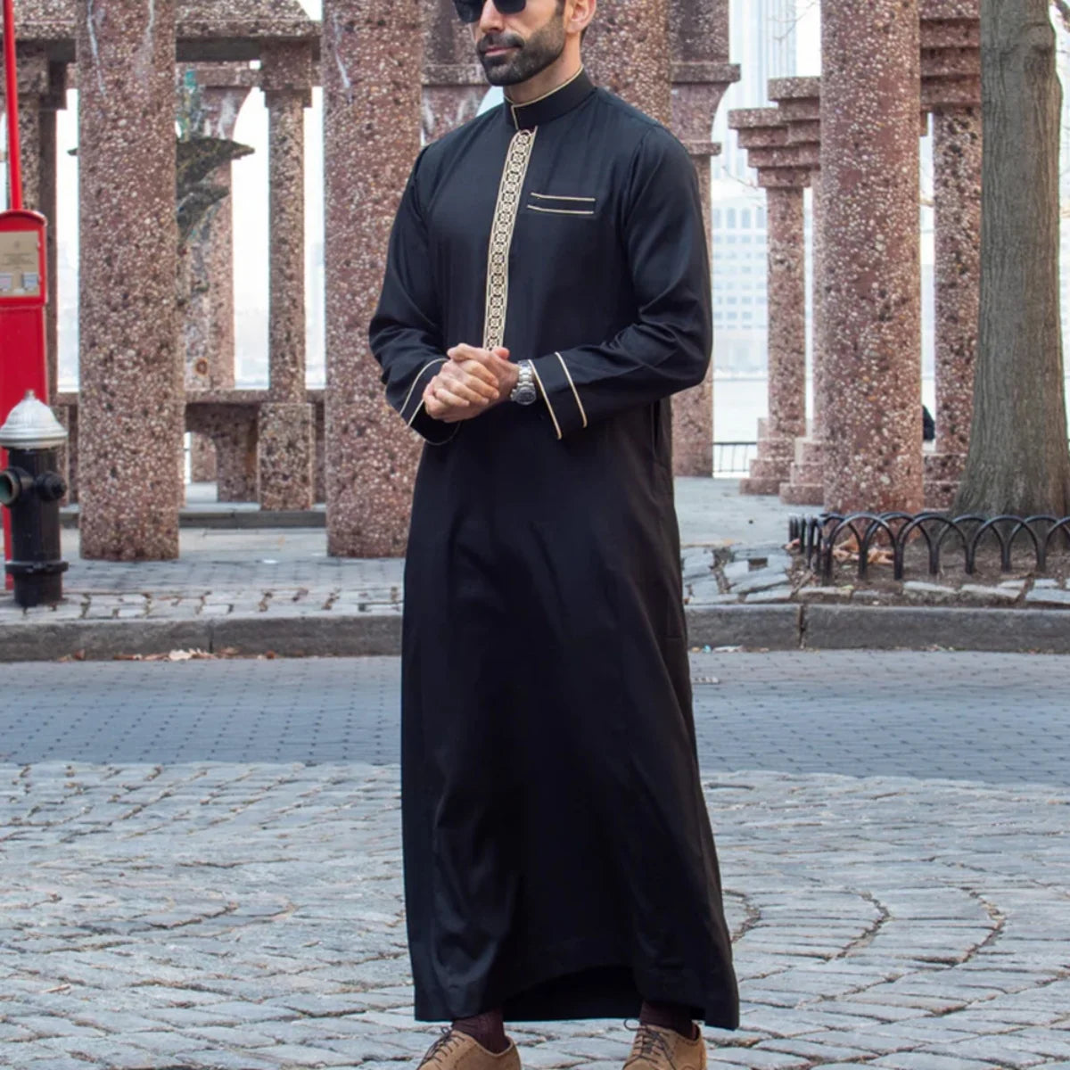 Robe islamique musulmane arabe pour hommes à manches longues brodé col montant